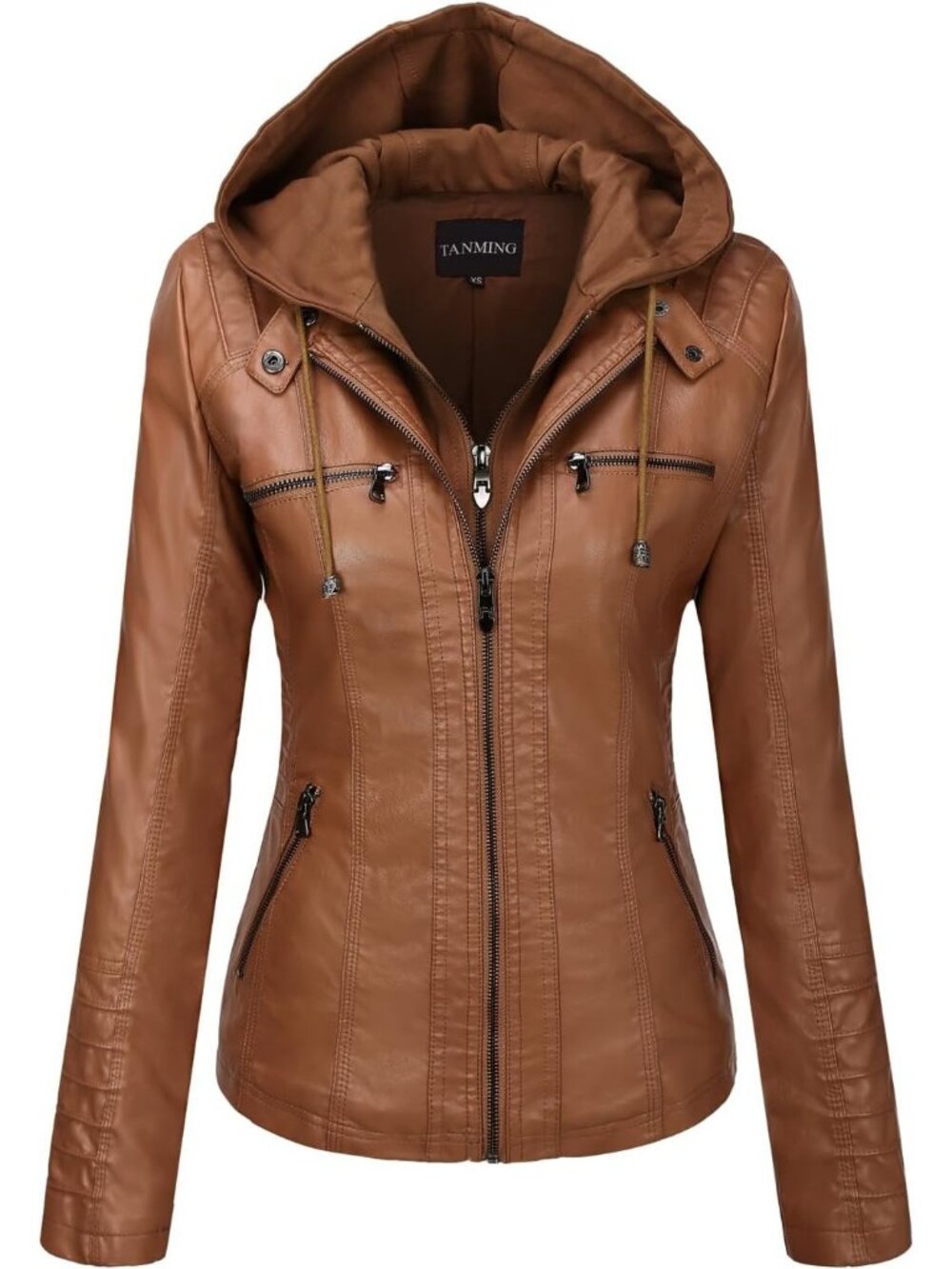 Women's Light Brown Faux Leather Jacket Hooded Moto Biker Fashion Winter Coat